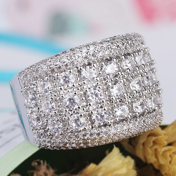 NEW Silver Round Diamond Pave Wide Band Ring - Picture 6 of 9
